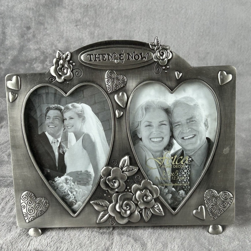 Fetco Then & Now Picture Frame Metal Heart Flower Anniversary Holds (2) 3.5x5 in